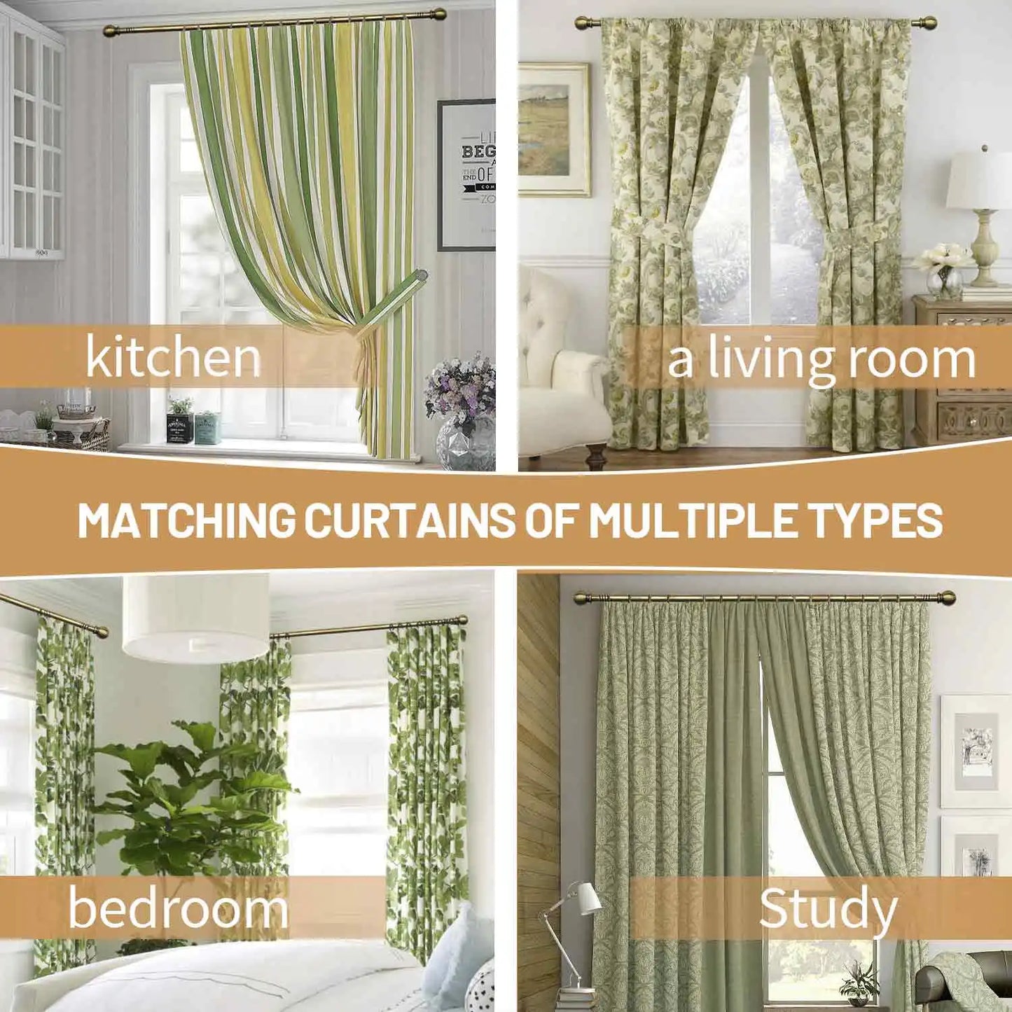 Modern Adjustable Curtain Rod Set Metal With Brackets,Classic Appearance,Copper Colored Splicing Metal Curtain Rod