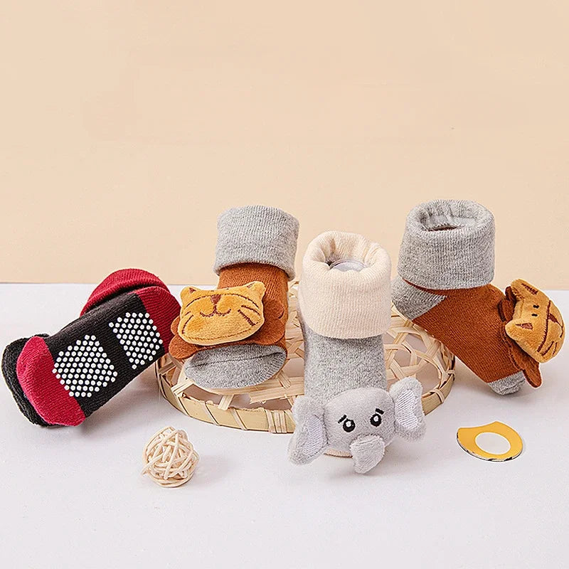 Baby Floor Socks Non-slip 3D Cartoon Doll Socks with Sound Bells for Newborn 6 To 12M Infant Baby Barefoot Shoes Kids Indoor Sox